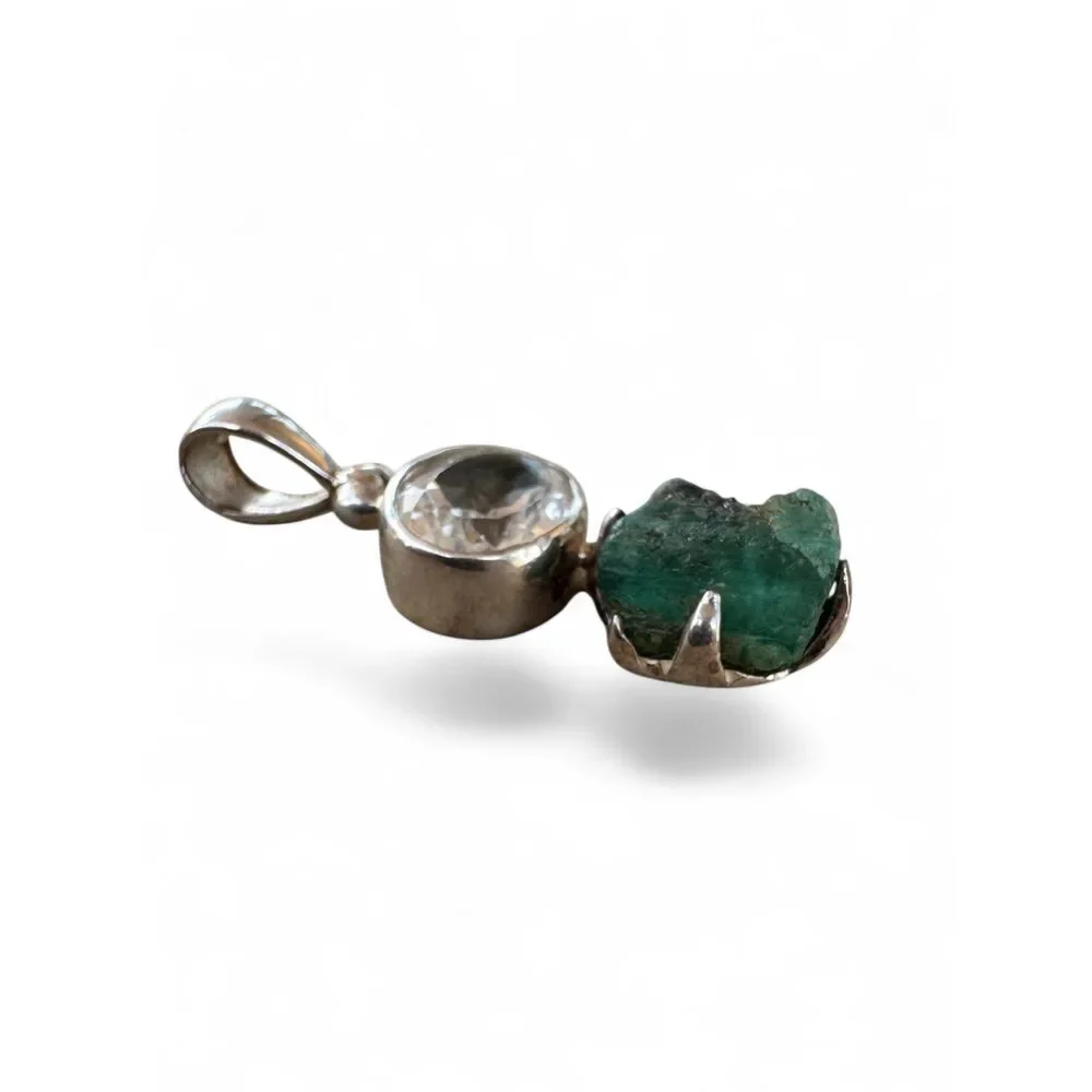 Emerald & White Topaz Solid 925 Sterling Silver Pendant
